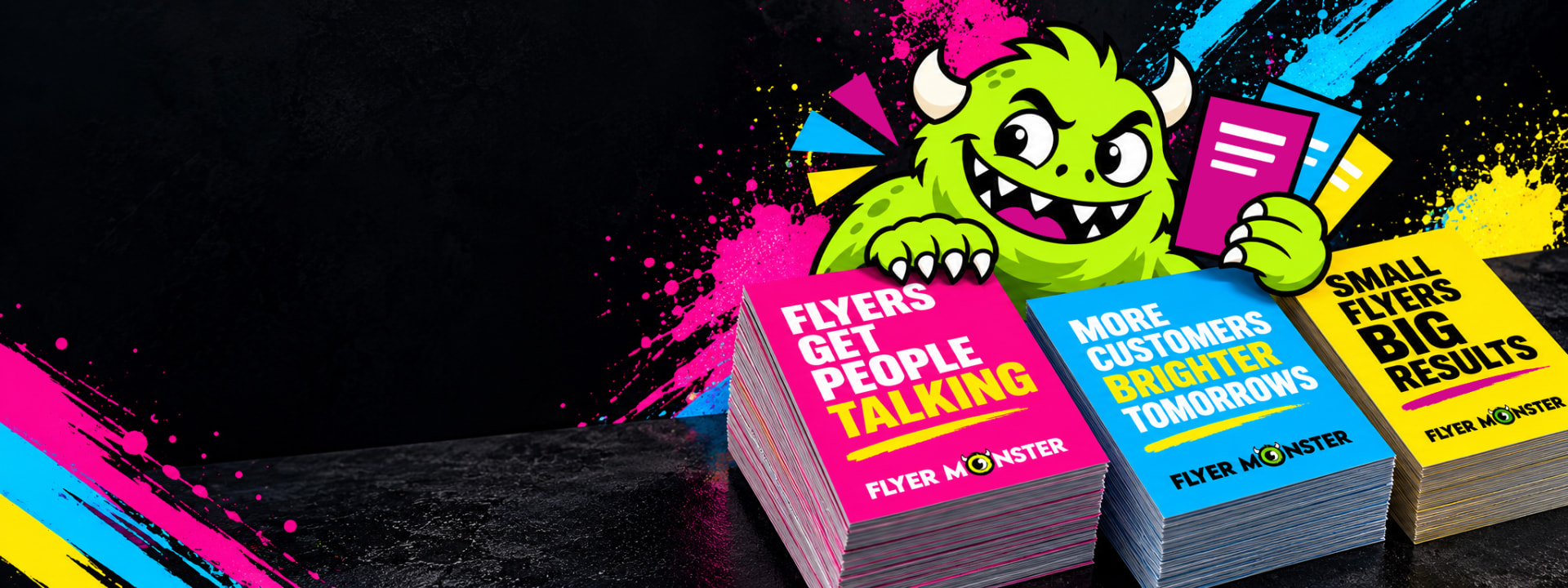 Flyer Monster artwork with colourful printed flyers