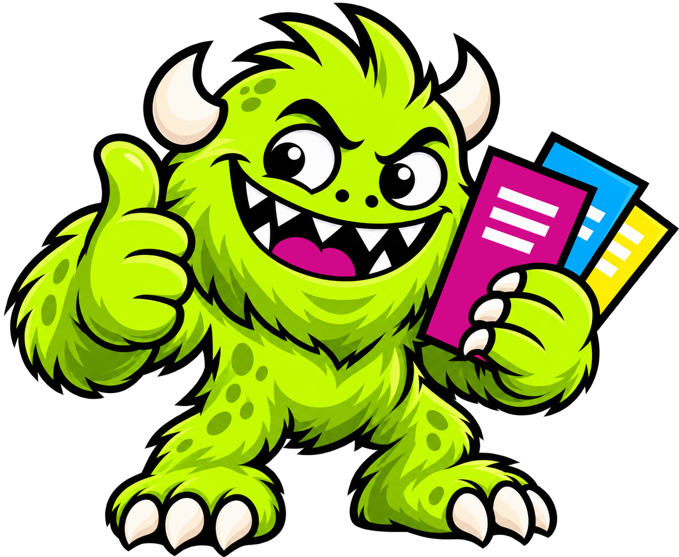 Flyer Monster mascot holding printed flyers