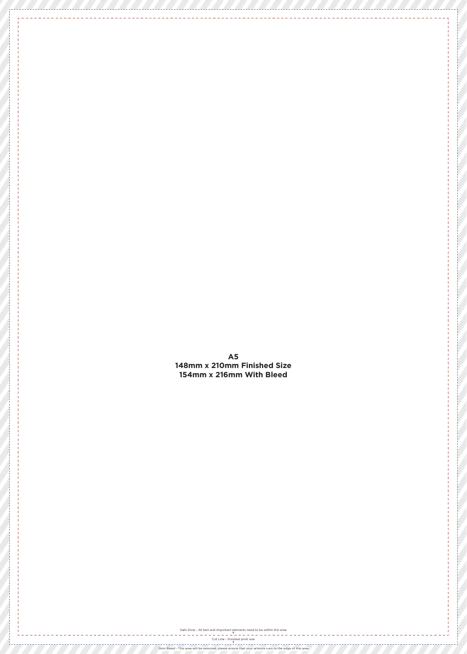 A5 flyer artwork template showing finished size, 3mm bleed and safe area